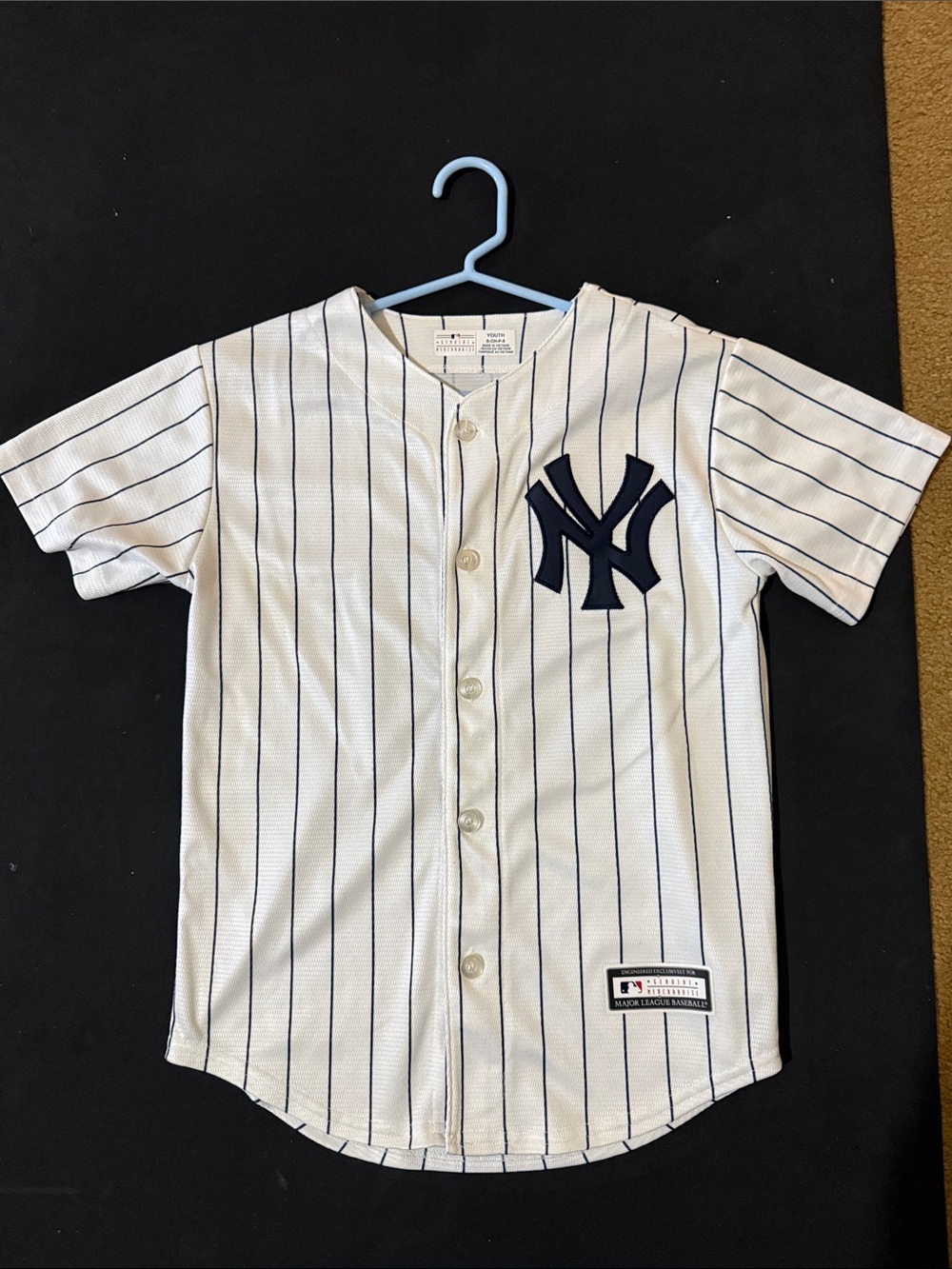 MLB Aaron Judge New York Yankees White Pinstripe Jersey with Navy Logo.